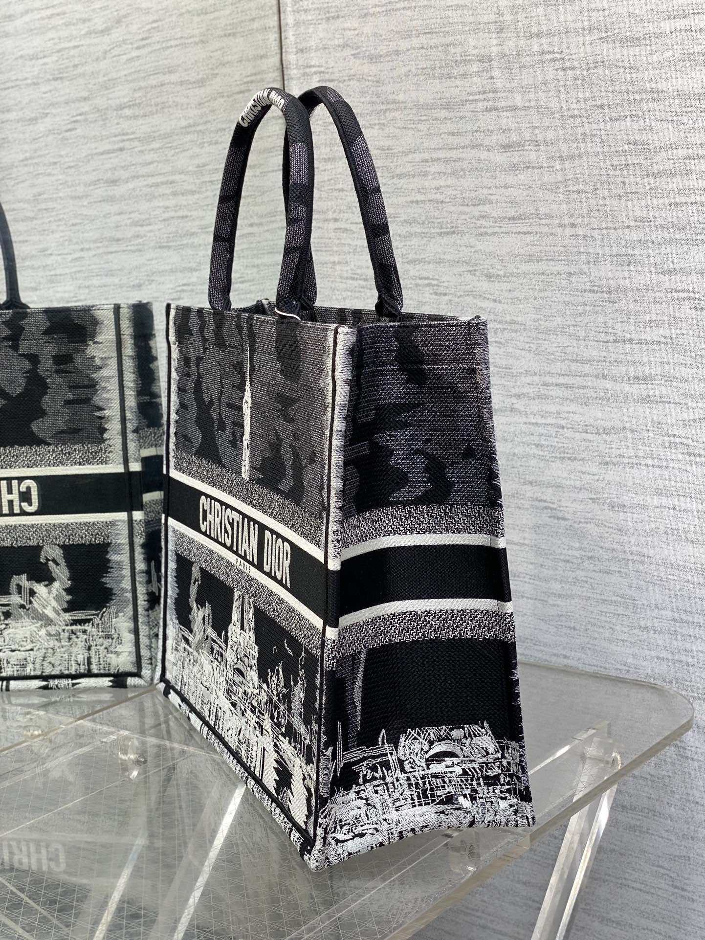 Large Dior Book Tote Bag White and Black Paris Embroidery